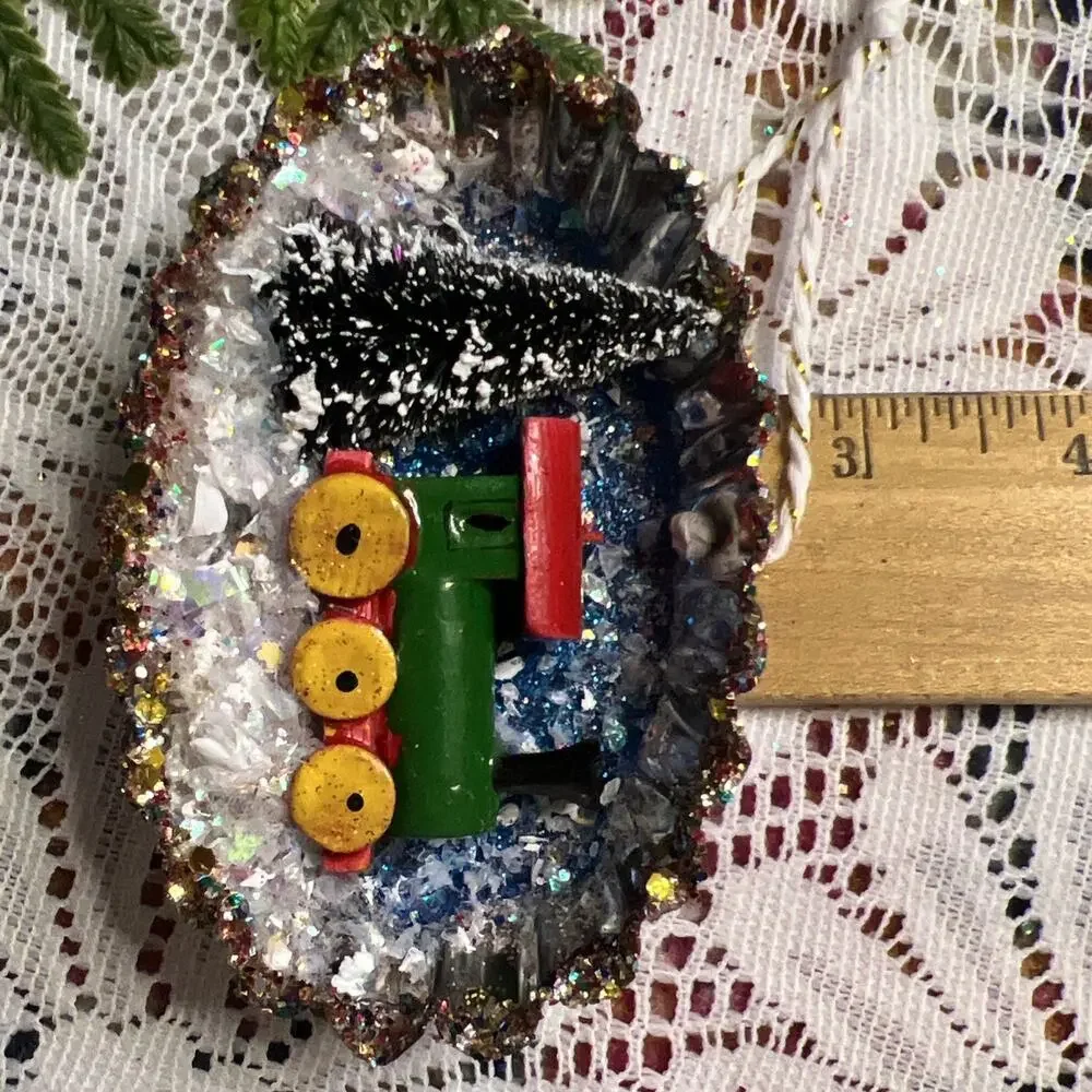 Vintage Oval Tart Tin Train Tree Diorama Mid Century Style Glitter Ornament